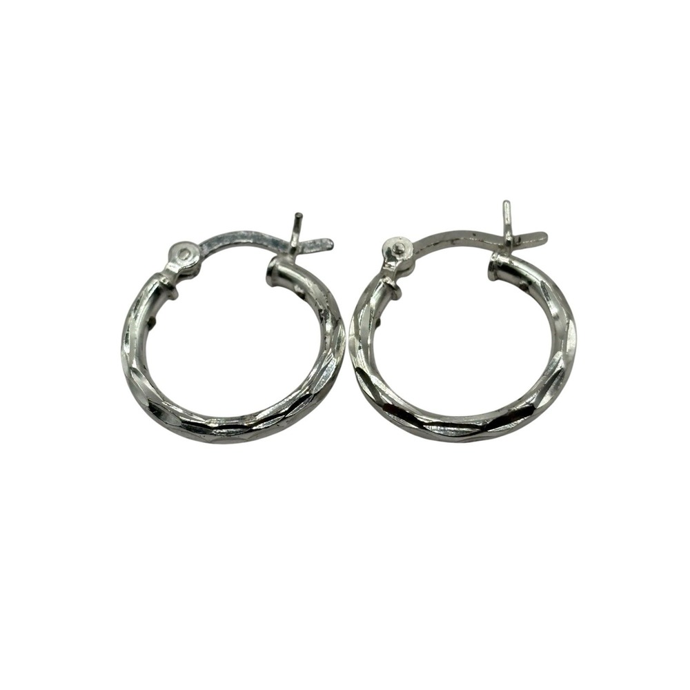 HAN 925 Sterling Silver Textured Hoop Earrings Small Round Hinged Pierced Shiny